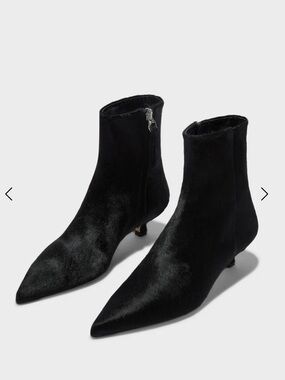 Aeyde Sofie Pony Hair Black Pointed Ankle Boots with Kitten Heel